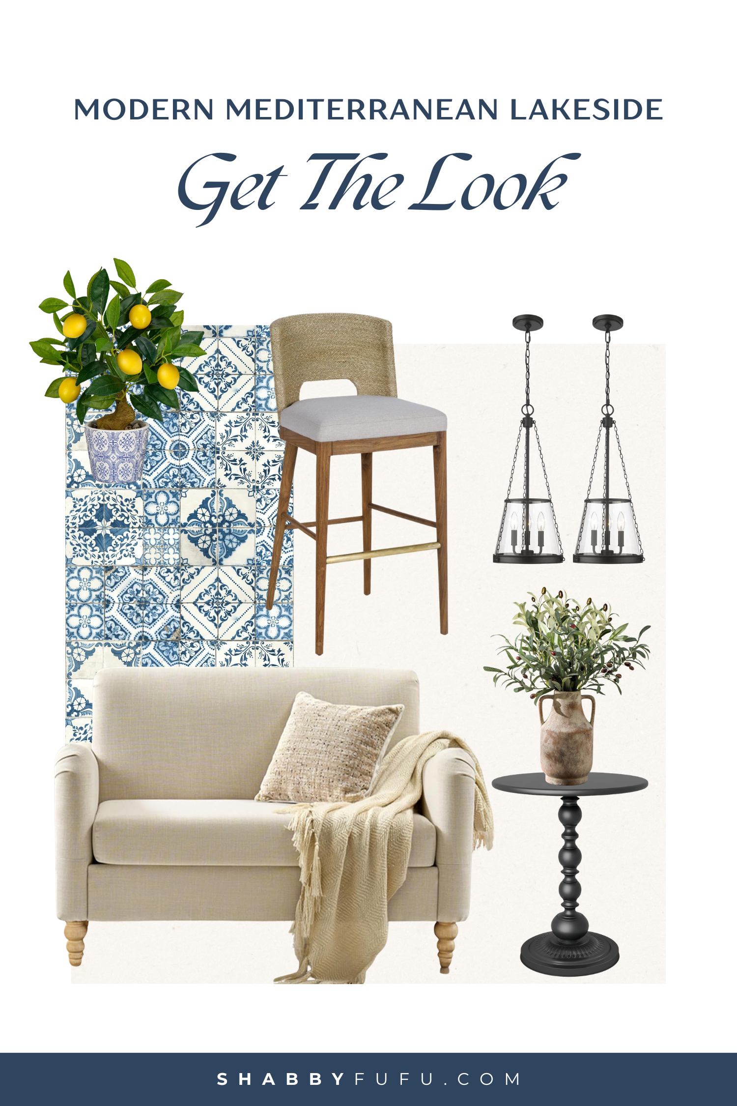 Collage featuring decor accents to get the look of the Modern Mediterranean lakeside home tour