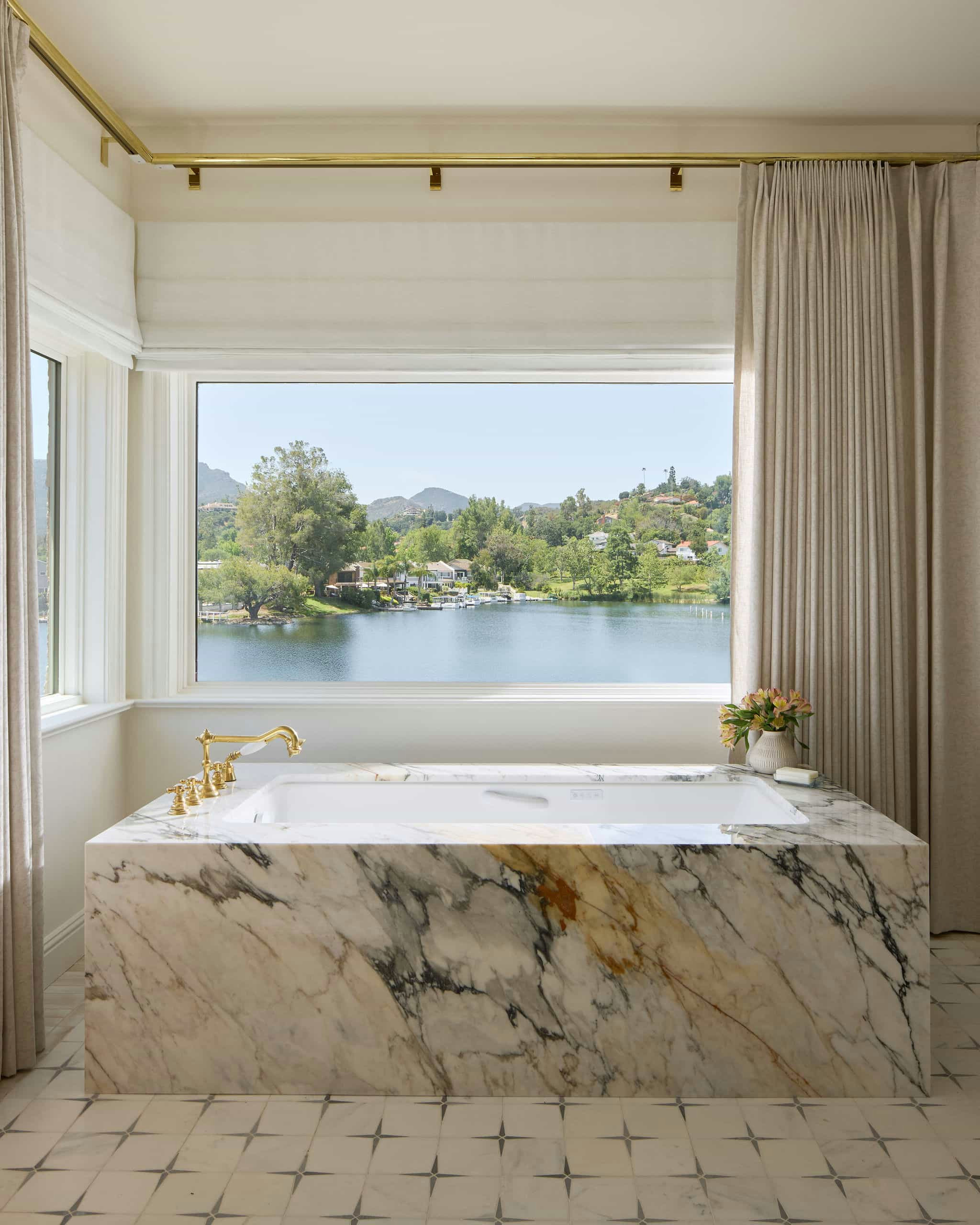 Modern Mediterranean lakeside home tour bathroom