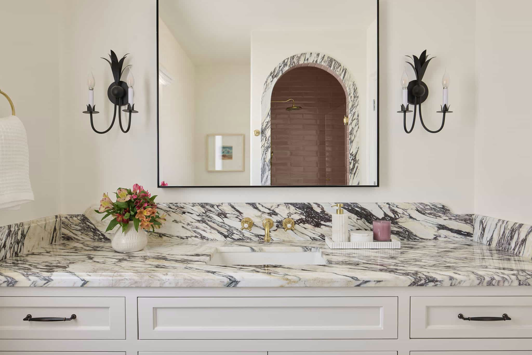 Modern Mediterranean lakeside home tour bathroom