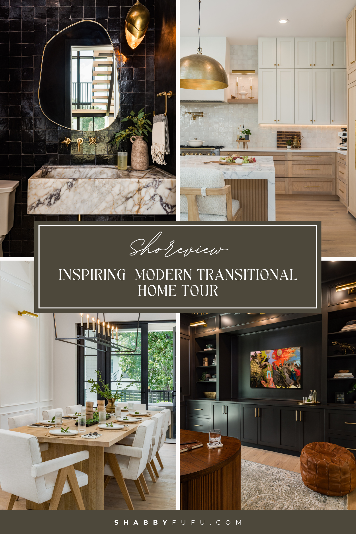 Pinterest Pin featuring collage of rooms from Shoreview Modern Transitional Home Tour