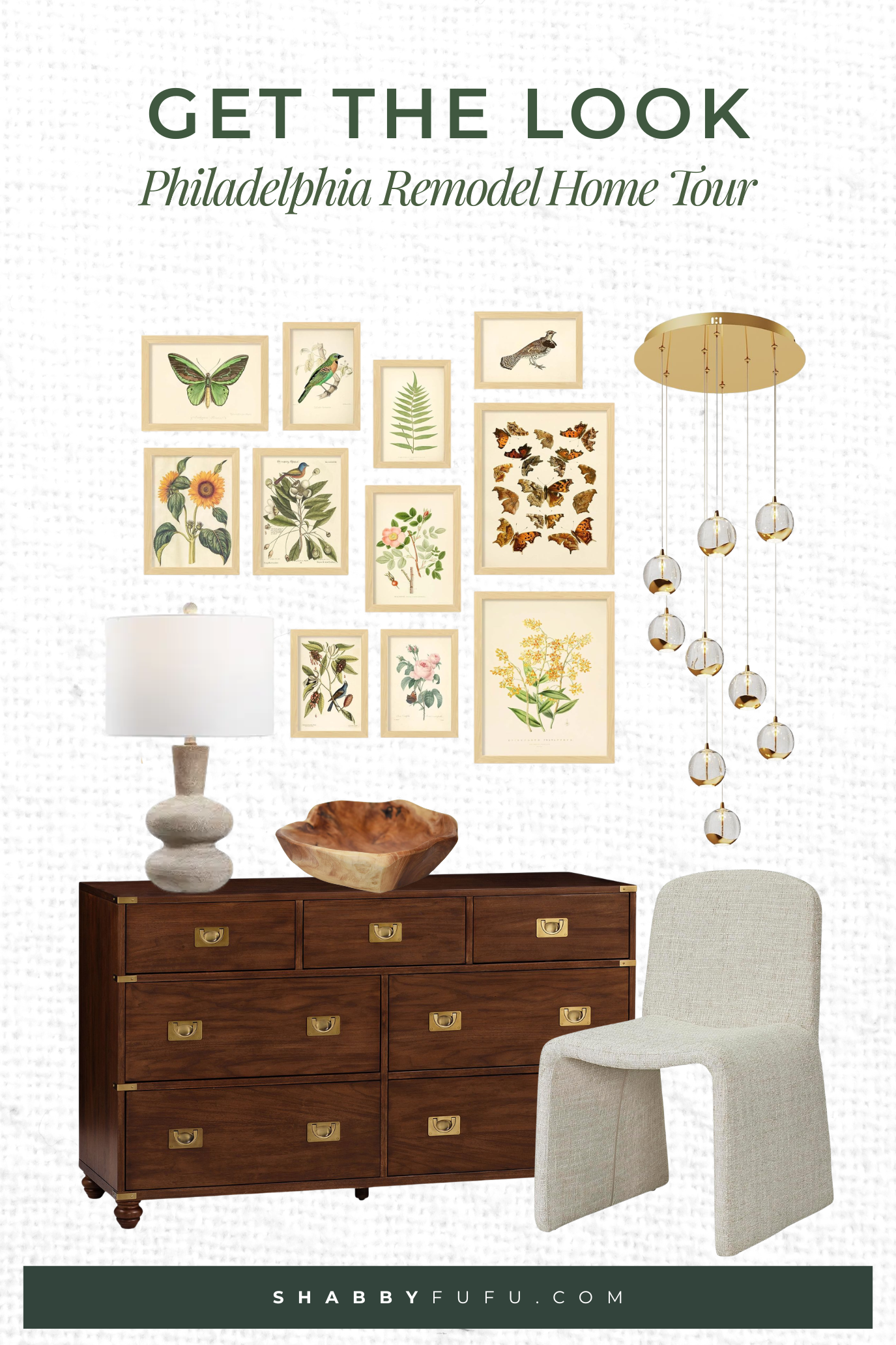 Collage of budget friendly products inspired by the Philadelphia Remodel: Modern Traditional Home Tour