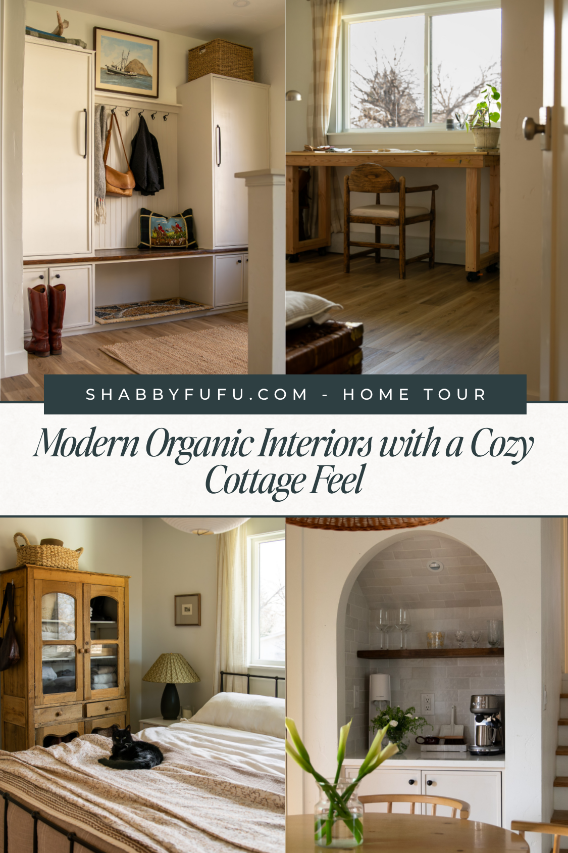 Pinterest collage featuring photos of home tour rooms titled "Modern Organic Interiors with a Cozy Cottage Feel"
