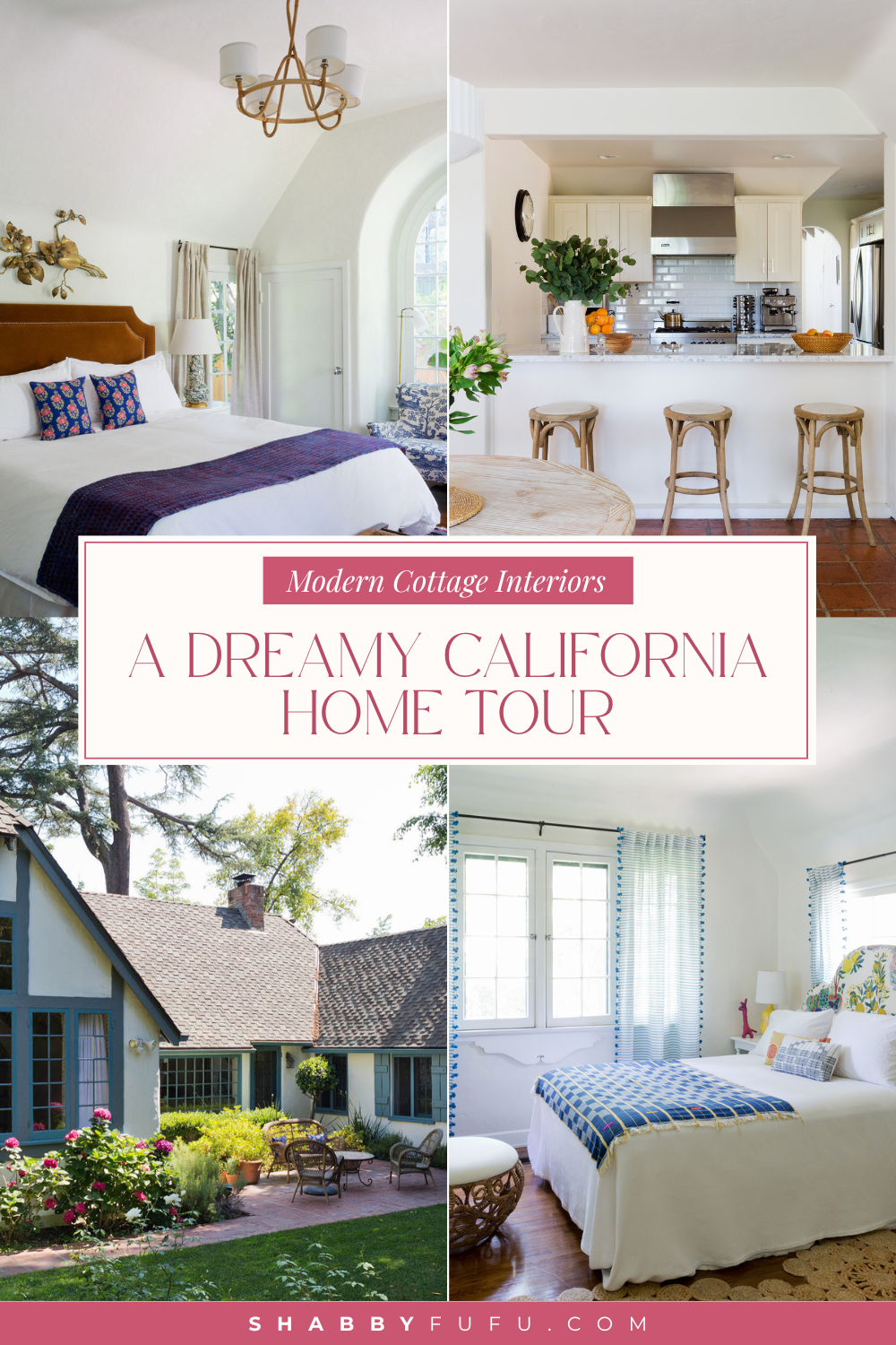 Pinterest collage showcasing a home tour from a california with modern cottage interiors.