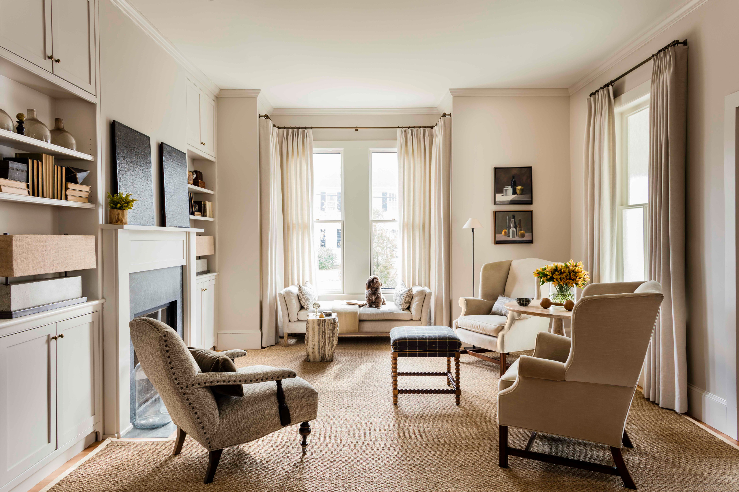 Living room with transitional historical renovation in New England featured of Styled and Comfortable Family Home Tour