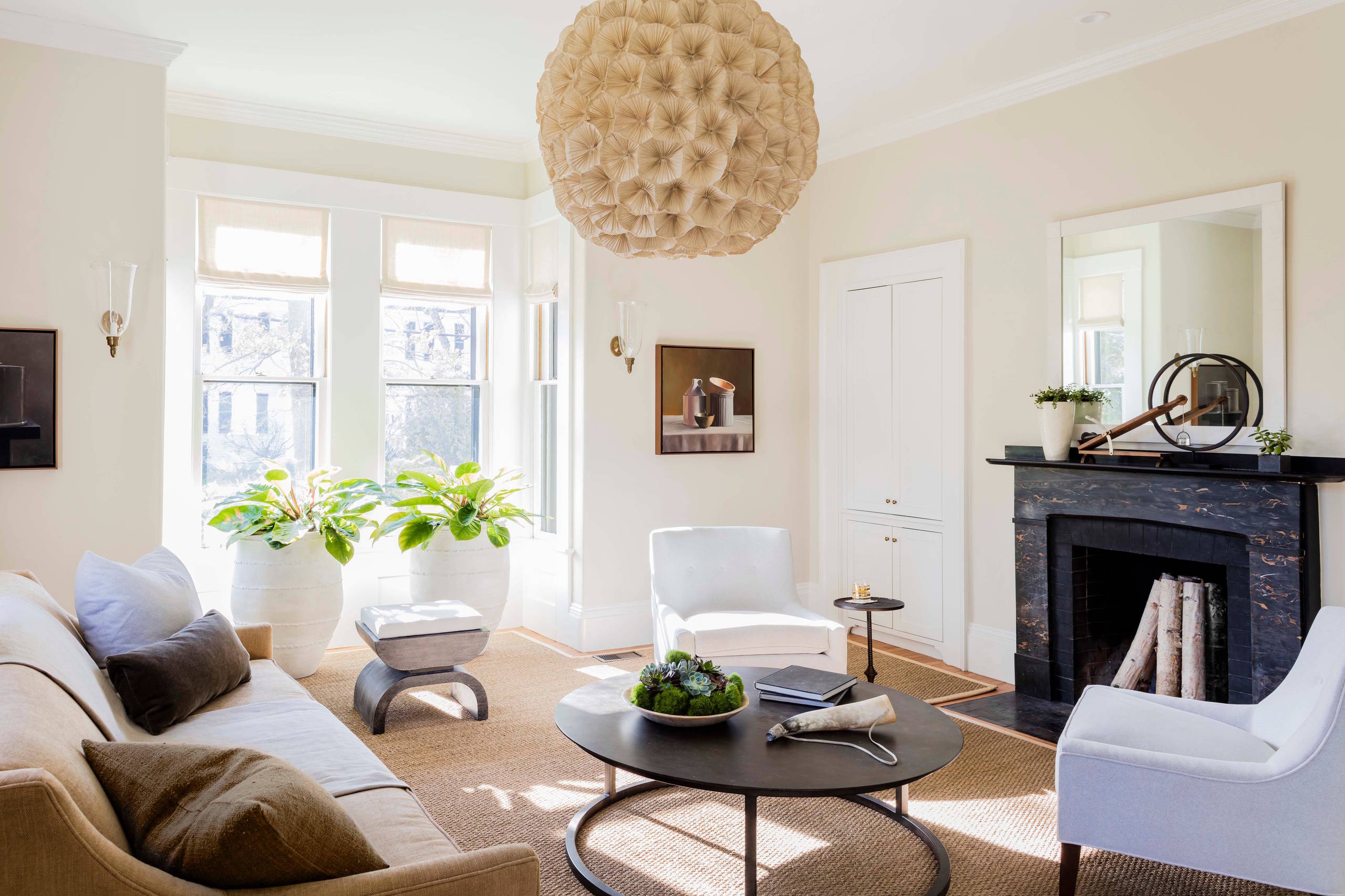 Living room with transitional historical renovation in New England featured of Styled and Comfortable Family Home Tour
