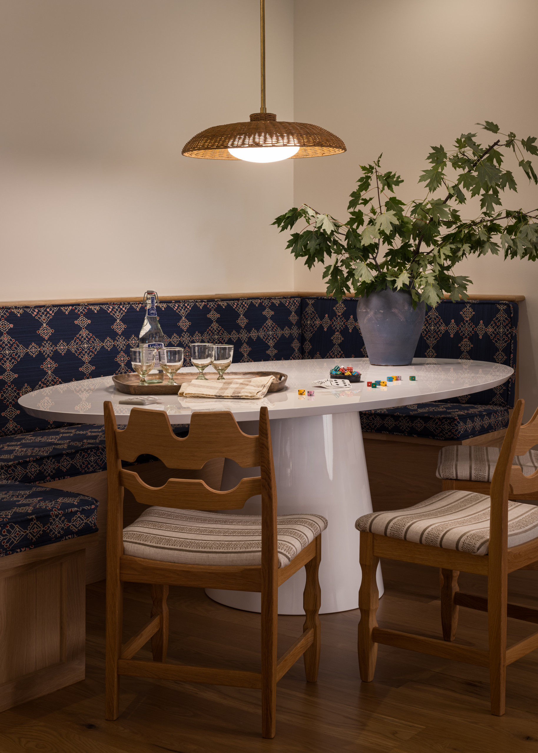 Breakfast nook featured in Lee Boulevard Home Tour as an example of a Historic Home Renovation with a transitional modern heritage style.