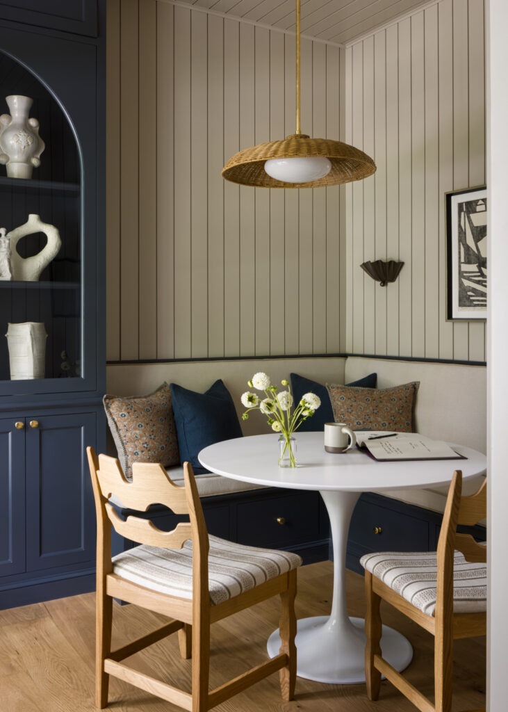 Breakfast nook featured in Lee Boulevard Home Tour as an example of a Historic Home Renovation with a transitional modern heritage style.