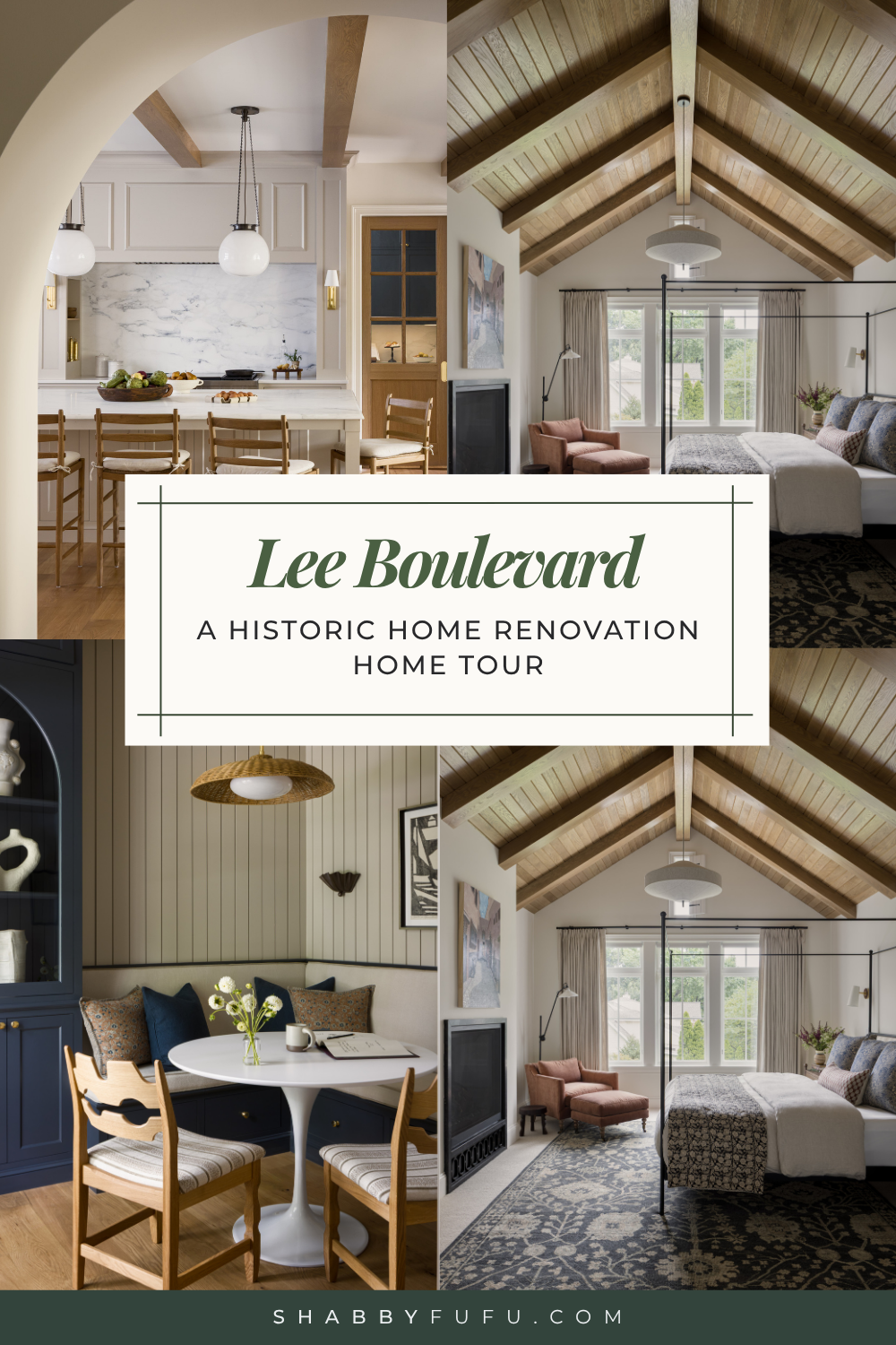 Pinterest collage featuring the Lee Boulevard Home Tour as an example of a Historic Home Renovation with a transitional modern heritage style.