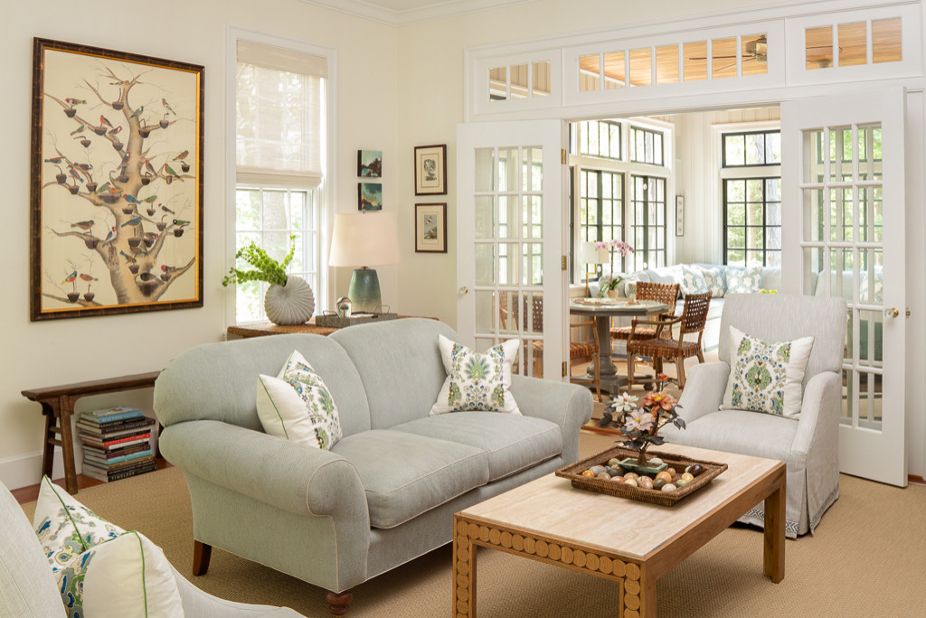 Coastal home tour featuring beach house interiors with a modern take on traditional style fwaturing a private living room