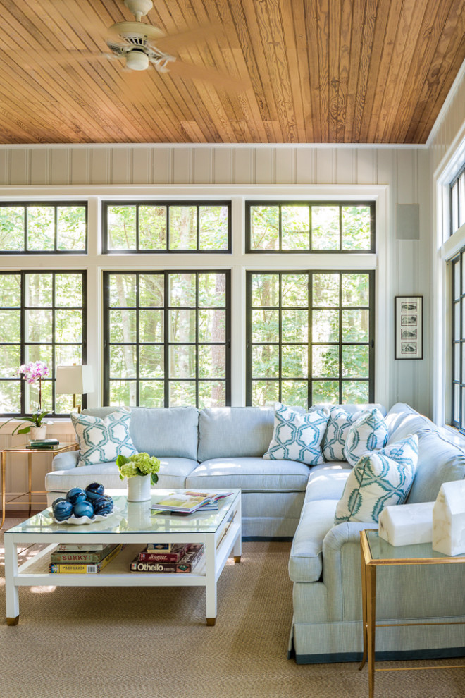 Coastal home tour featuring beach house interiors with a modern take on traditional style fwaturing a suroom