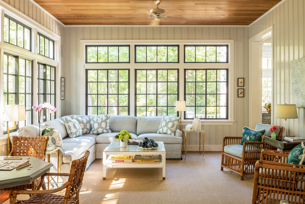 Coastal home tour featuring beach house interiors with a modern take on traditional style fwaturing a suroom