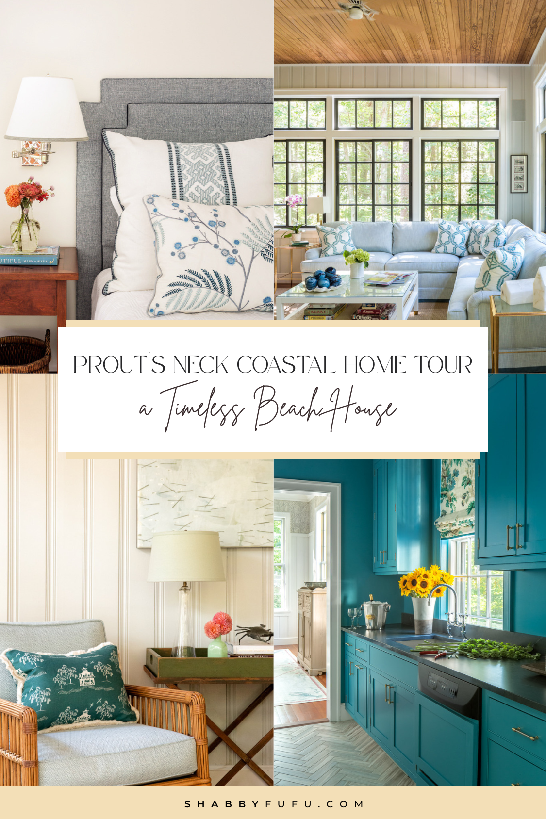 Coastal home tour collage for Pinterest featuring beach house interiors