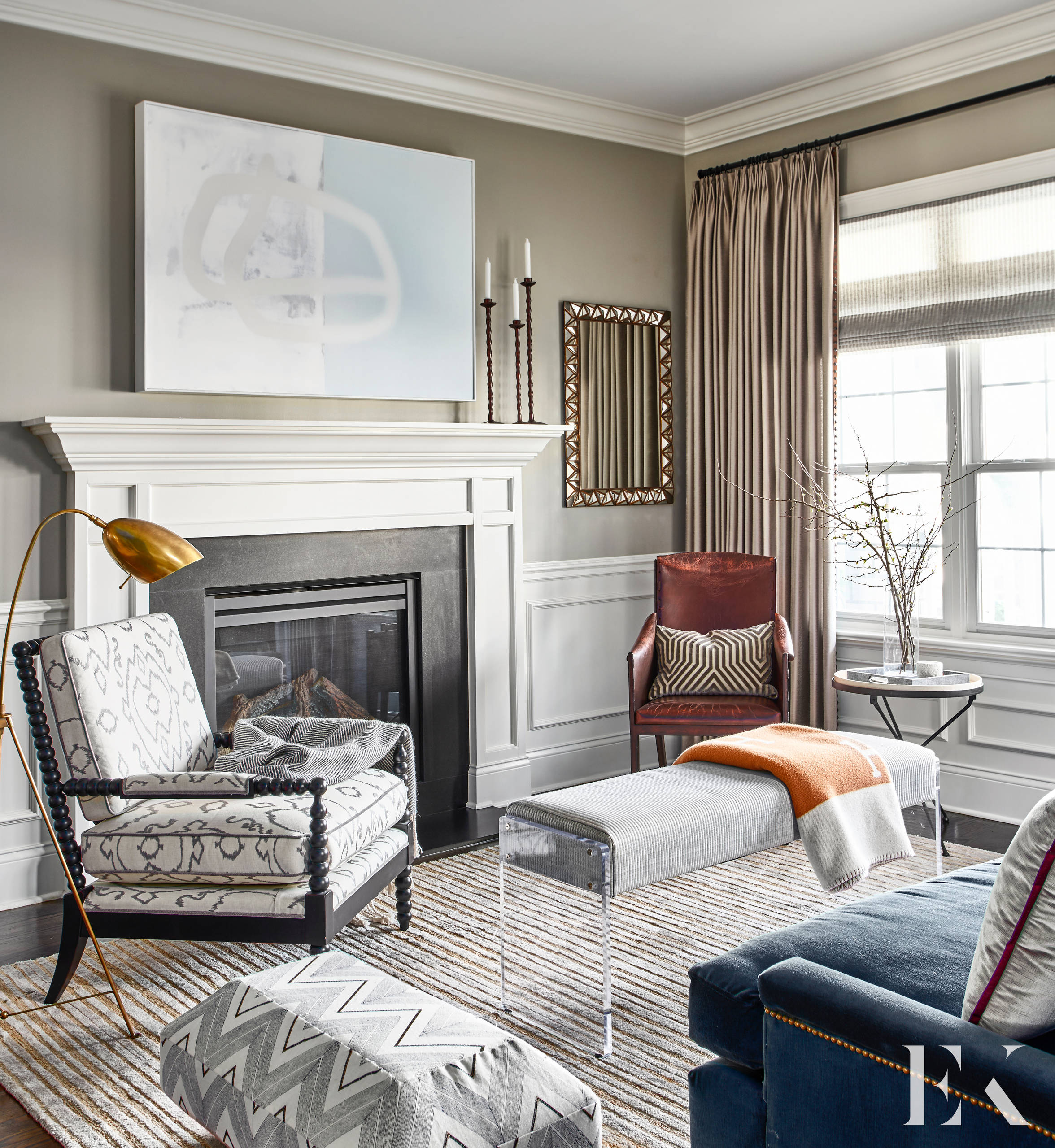 Family home tour featuring a living room with a glam, contemporary style with cozy home decor