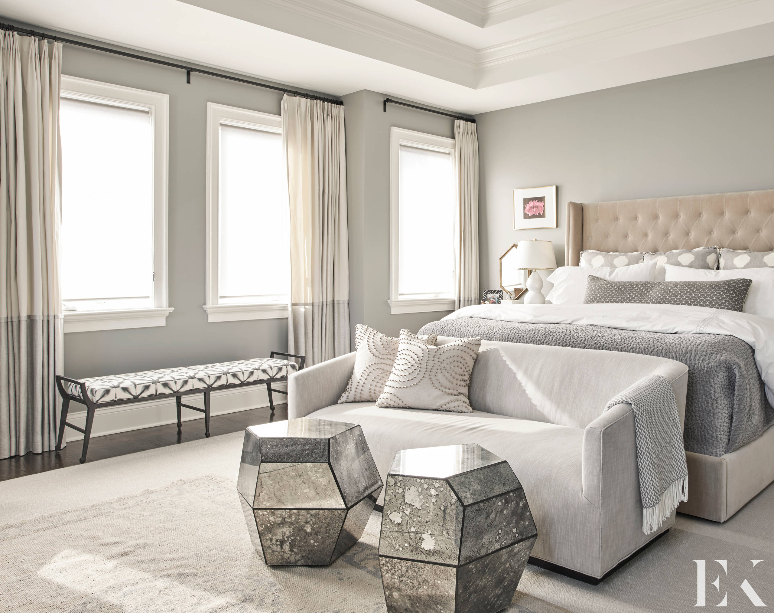 Family home tour featuring a glam contemporary main bedroom with mix of neutral color palettes with cozy home decor
