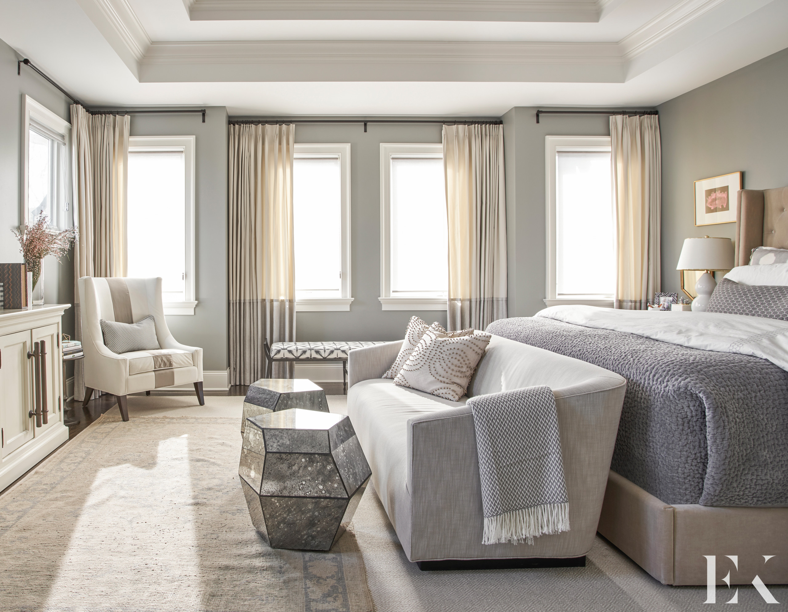 Family home tour featuring a glam contemporary main bedroom with mix of neutral color palettes with cozy home decor