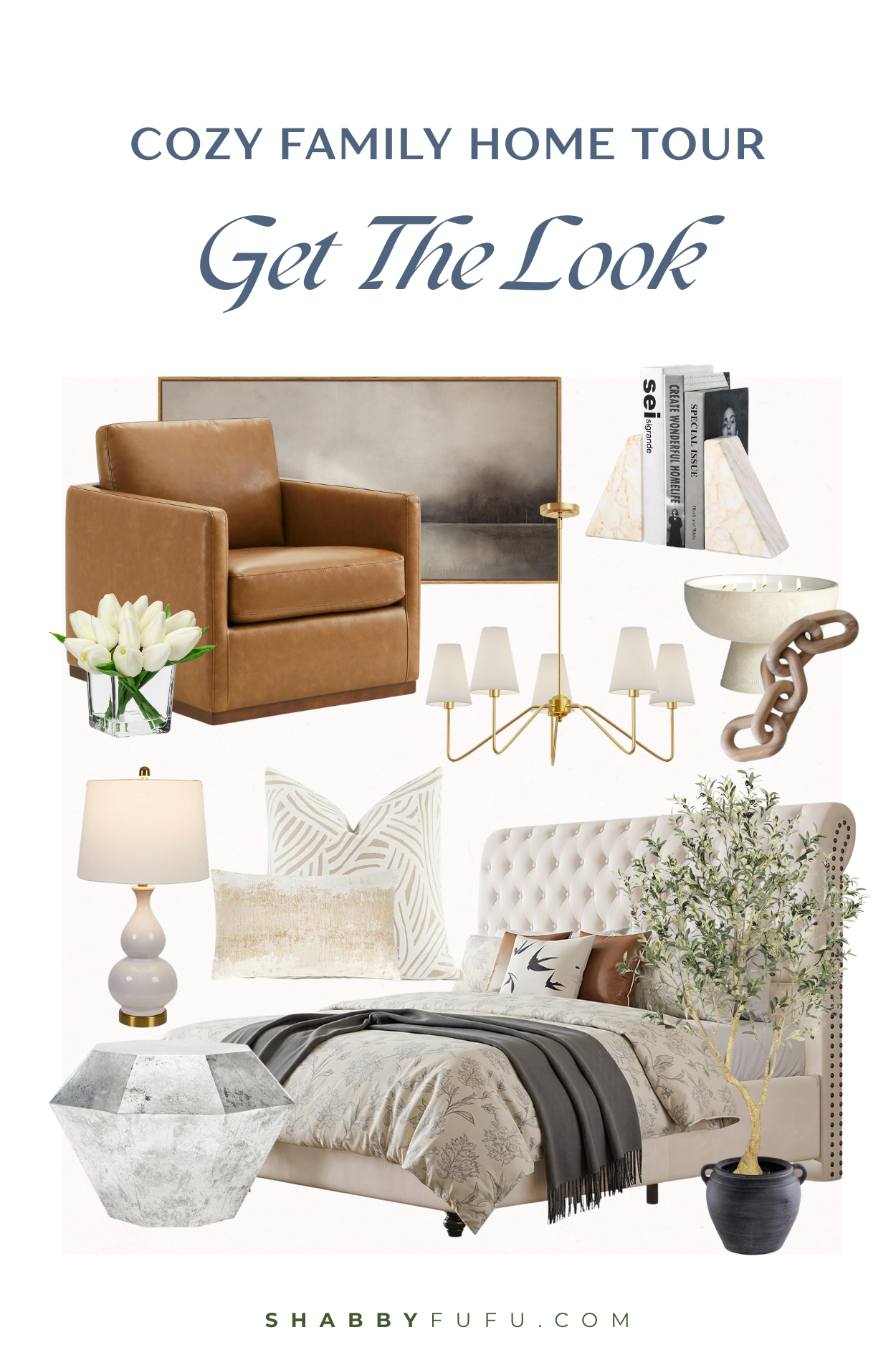 Collage of Amazon products inspired by the family home tour featuring a living room with a cozy home decor style