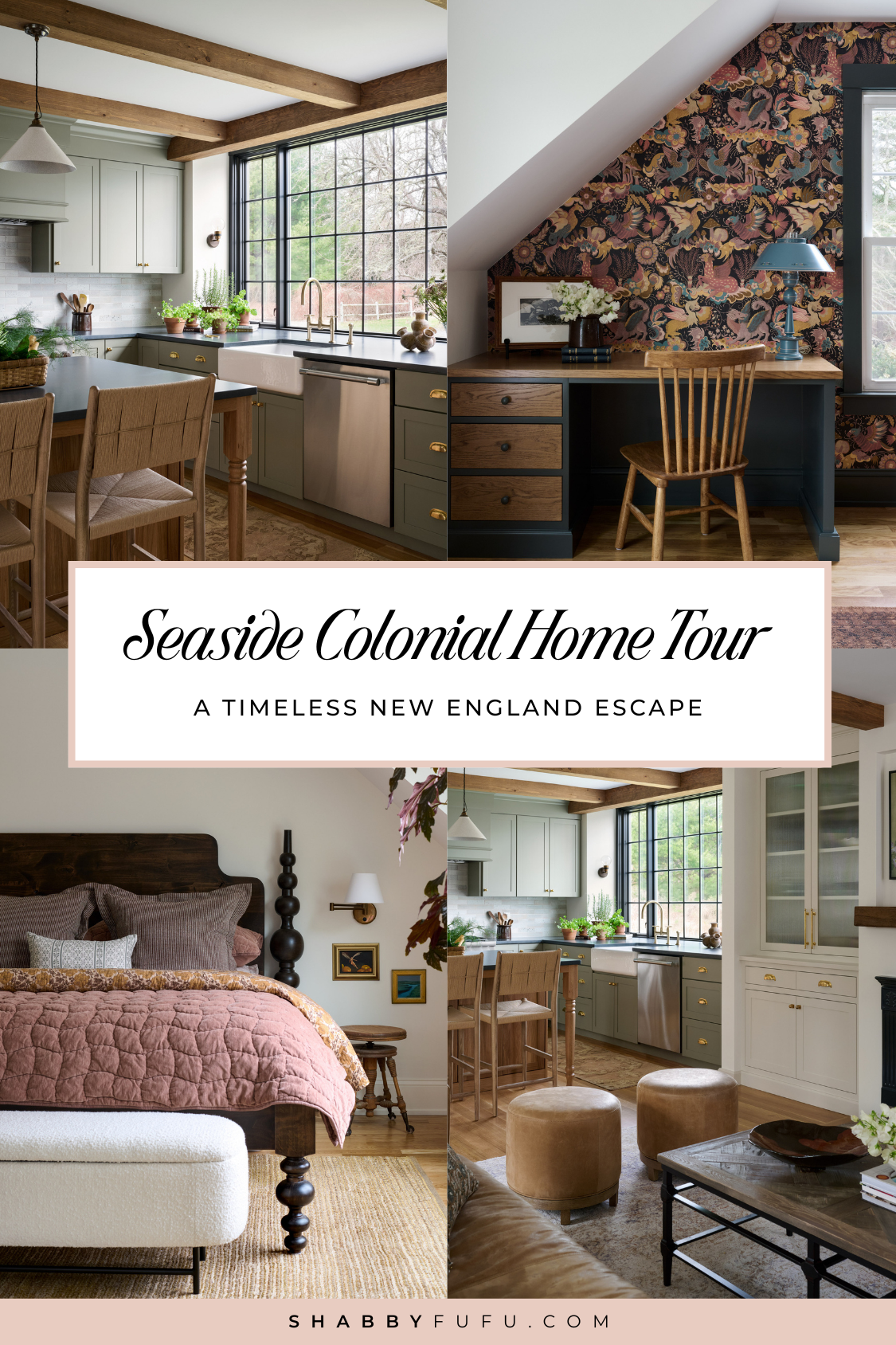 Pinterest graphic showcasing home tour titled "Seaside Colonial home tour"