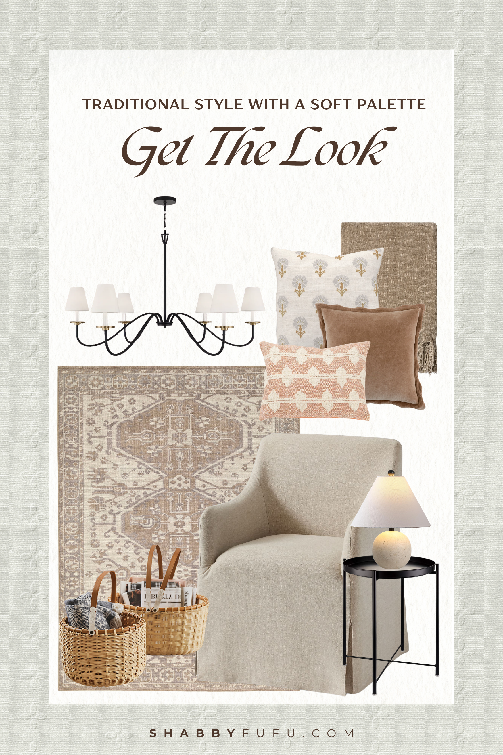 Get the Look: Affordable moodboard featuring decor accents inspired by traditional home tour titled " Traditional Style with a Soft Palette"
