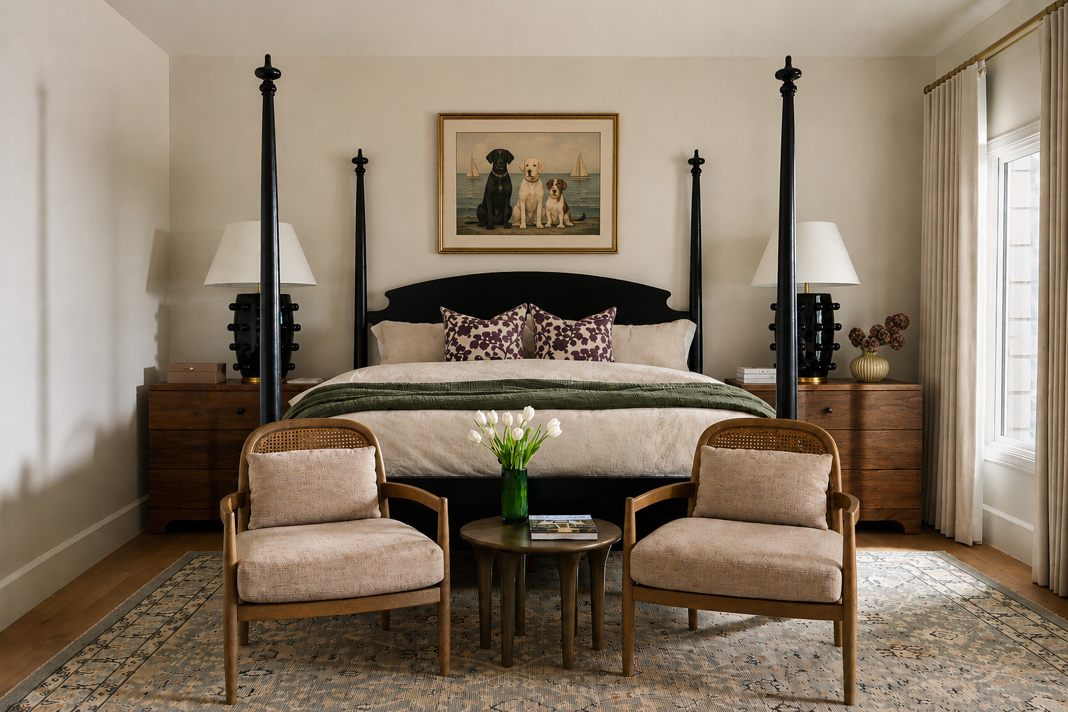 Bedroom with a spool four-poster bed and bird print pillows in a Mediterranean home tour